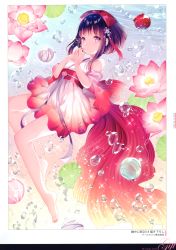 Rule 34 | 1girl, :o, absurdres, air bubble, bare shoulders, barefoot, black hair, blush, bow, bubble, candy apple, dress, flower, food, gradient dress, grey ribbon, hair bow, hair ornament, hands up, highres, looking at viewer, obi, original, parted lips, pink flower, purple eyes, red bow, red dress, sash, scan, sidelocks, sleeveless, sleeveless dress, solo, sparkle, underwater, wasabi (sekai), water, white dress