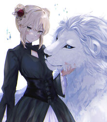 Rule 34 | 1girl, alternate hairstyle, animal, artoria pendragon (all), artoria pendragon (fate), black dress, blonde hair, blush, closed mouth, clothing cutout, commentary request, double bun, dress, fate/grand order, fate/stay night, fate (series), frilled sleeves, frills, goth fashion, hair bun, hair ornament, highres, lion, long sleeves, looking at viewer, nigiri, saber alter, sidelocks, simple background, white background, wide sleeves, yellow eyes