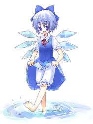 Rule 34 | 1girl, bad id, bad pixiv id, barefoot, bloomers, bow, cirno, clothes lift, dress, dress lift, embodiment of scarlet devil, female focus, skirt, skirt lift, solo, touhou, underwear, wading, white bloomers, yuzuki (yuduame)