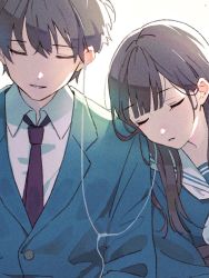 Rule 34 | backlighting, collared shirt, couple, earphones, closed eyes, highres, leaning on person, mele ck, red tie, school uniform, shirt, sleeping, sleeping on person, smile