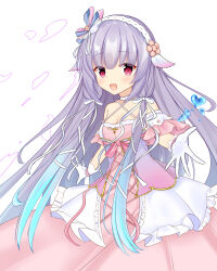 Rule 34 | 1girl, blunt bangs, blush, breasts, cleavage, collarbone, commentary request, dress, flower knight girl, gloves, hair ornament, headband, heart, highres, ivean, long hair, nemunoki (flower knight girl), open mouth, purple hair, reaching, reaching towards viewer, red eyes, simple background, small breasts, solo, water, white background