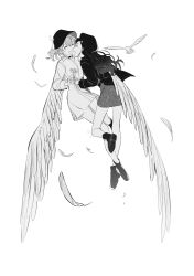 Rule 34 | 2girls, absurdres, azusawa kohane, belt, bird, bird wings, boots, bucket hat, choker, closed eyes, dress, falling feathers, feathered wings, feathers, flying, happy, hat, highres, holding hands, jacket, long hair, long sleeves, multiple girls, np8 8, open mouth, pleated dress, project sekai, shared wings, shiraishi an, simple background, skirt, smile, twintails, wings, yuri