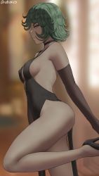 Rule 34 | 1girl, artist name, bare shoulders, black dress, blurry, blurry background, breasts, choker, closed mouth, commentary, covered erect nipples, dress, elbow gloves, from side, gloves, green eyes, green hair, high heels, highres, leg up, legs, looking at viewer, medium breasts, one-punch man, oroborus, revealing clothes, short hair, sideboob, signature, simple background, sleeveless, sleeveless dress, solo, tatsumaki, thighs