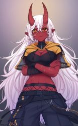 Rule 34 | 1girl, absurdres, akumi (yoclesh), breasts, cleavage, colored skin, commentary, crop top, hair between eyes, highres, horns, long hair, looking at viewer, navel, oni, oni horns, original, pointy ears, red skin, scar, scar on face, shellvi, smile, solo, virtual youtuber, white hair