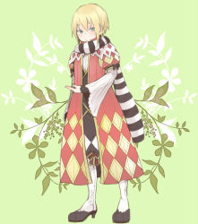 Rule 34 | 1boy, argyle, argyle clothes, argyle coat, black scarf, black shirt, blonde hair, blue eyes, closed mouth, coat, commentary request, full body, looking at viewer, male focus, minstrel (ragnarok online), negi mugiya, pants, ragnarok online, red coat, scarf, shirt, short hair, smile, solo, striped clothes, striped scarf, white pants, white scarf, wide sleeves
