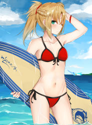 Rule 34 | 1girl, bikini, blonde hair, cowboy shot, fate/apocrypha, fate/grand order, fate (series), front-tie top, green eyes, highres, holding, holding behind back, ikashun, long hair, looking at viewer, mordred (fate), mordred (fate) (all), mordred (fate/apocrypha), mordred (swimsuit rider) (fate), mordred (swimsuit rider) (first ascension) (fate), ponytail, red bikini, side-tie bikini bottom, solo, standing, string bikini, surfboard, swimsuit, wading, water