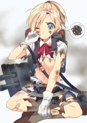Rule 34 | 10s, 1girl, aqua eyes, bandaid, bandaid on knee, bandaid on leg, blonde hair, frown, gloves, indian style, kantai collection, kneehighs, linaria (ookinahitomi), maikaze (kancolle), mecha musume, midriff, navel, one eye closed, personification, ponytail, scratches, shirt, short hair, sitting, skirt, socks, solo, spoken squiggle, squiggle, thigh strap, torn clothes, torn shirt, torn skirt, white gloves, wink, wiping face