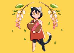 Rule 34 | 1girl, :&lt;, acatoner, animal ears, bare shoulders, barefoot, black fur, black hair, body fur, candy, cat ears, cat girl, cat tail, chibi, chocolate, chocolate heart, choker, closed mouth, commentary, dated, dress, dungeon meshi, english commentary, falling leaves, flower, food, full body, heart, highres, holding, holding food, izutsumi, leaf, looking at viewer, mismatched animal ear colors, red dress, short hair, simple background, sleeveless, sleeveless dress, solo, standing, tail, valentine, yellow background, yellow eyes