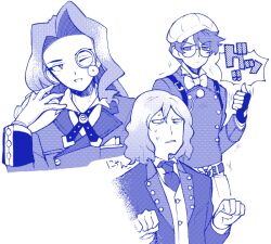 Rule 34 | 3boys, ace attorney, belt, blush, bow, bowtie, closed mouth, dumas gloomsbury, formal, glasses, gloves, hat, jacket, lapels, long hair, long sleeves, male focus, minashirazu, monochrome, monocle, multiple boys, necktie, notched lapels, one eye closed, open mouth, pants, phoenix wright: ace attorney - spirit of justice, pierce nichody, shirt, short hair, simple background, smile, sorin sprocket, suit, suspenders, thumbs up, white background