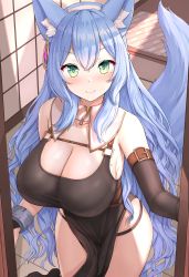 Rule 34 | 1girl, absurdres, animal ears, bare shoulders, black dress, blue hair, blush, breasts, cleavage, detached collar, dress, elbow sleeve, green eyes, highres, huge breasts, long hair, mole, mole on breast, mole under eye, original, oxenia, smile, tile wall, tiles, very long hair, wrist cuffs