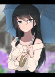 Rule 34 | 1girl, bare shoulders, black hair, blue ribbon, blurry, bra strap, braid, breasts, building, buttons, clenched hand, collarbone, commentary request, depth of field, flower, grey eyes, hair between eyes, hair ribbon, hinomaru (futagun), holding, holding umbrella, letterboxed, long hair, long sleeves, looking at viewer, medium breasts, original, outdoors, rain, ribbon, shirt, single braid, smile, solo, umbrella, upper body, white shirt