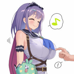 Rule 34 | !, 1girl, ^ ^, bag, black hairband, blue neckwear, blunt bangs, blush, breasts, cape, closed eyes, closed mouth, hair ornament, hairband, hairclip, highres, large breasts, lunch (shin new), misora (princess connect!), musical note, princess connect!, purple hair, red cape, short hair, simple background, smile, solo focus, spoken exclamation mark, spoken musical note, white background