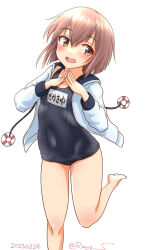 Rule 34 | 1girl, black one-piece swimsuit, brown eyes, brown hair, covered navel, drawstring, feet out of frame, hood, hooded jacket, jacket, kantai collection, lifebuoy ornament, name tag, one-hour drawing challenge, one-piece swimsuit, open mouth, ray.s, round teeth, school swimsuit, short hair, simple background, solo, standing, standing on one leg, steepled fingers, swimsuit, teeth, upper teeth only, white background, white jacket, yukikaze (kancolle)