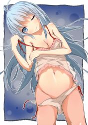 Rule 34 | 10s, 1girl, axiomofc, babydoll, bad id, bad pixiv id, bare shoulders, blue eyes, blue hair, breasts, camisole, cleavage, denpa onna to seishun otoko, groin, long hair, matching hair/eyes, midriff, navel, off shoulder, one eye closed, panties, panty pull, see-through, side-tie panties, smile, solo, stomach, strap slip, touwa erio, underwear, undressing, untied panties, white panties, wink