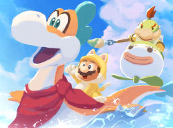 Rule 34 | 2boys, :d, animal costume, big nose, bowser jr., bracelet, cat costume, cat mario, cloud, cloudy sky, facial hair, fangs, highres, holding, holding paintbrush, jewelry, koopa clown car, mario, mario (series), multiple boys, mustache, nintendo, open mouth, outdoors, paintbrush, plessie, propeller, raised fist, red hair, riding, sky, smile, super mario 3d world, suyasuyabi, water
