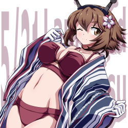 Rule 34 | 1girl, 547th sy, text background, bikini, blush, breasts, brown eyes, brown hair, cleavage, dated, flower, gloves, headgear, highres, kantai collection, large breasts, long sleeves, mutsu (kancolle), off shoulder, one eye closed, red bikini, simple background, smile, solo, swimsuit, twitter username, white gloves