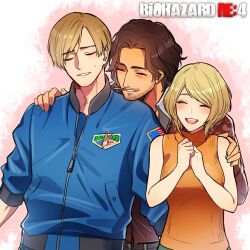 Rule 34 | 1girl, 2boys, :d, ^ ^, ashley graham, beard stubble, blonde hair, blue jacket, brown hair, cigarette, closed eyes, copyright name, facial hair, grin, hand on another&#039;s shoulder, highres, jacket, kkkaaaayyy, leon s. kennedy, light blush, luis sera, multiple boys, mustache stubble, official alternate costume, open mouth, orange sweater, resident evil, resident evil 4, resident evil 4 (remake), short hair, simple background, sleeveless, smile, smoking, stubble, sweatdrop, sweater, upper body, variant set, white background