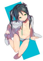 Rule 34 | 1girl, absurdres, black hair, breasts, choker, convenient censoring, cropped legs, francesca lucchini, gluteal fold, green eyes, hair ribbon, head tilt, highres, jacket, jacket on shoulders, navel, omucchan (omutyuan), panties, ribbon, shoes, simple background, sitting, small breasts, solo, strike witches, striped clothes, striped panties, twintails, underwear, world witches series