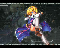 Rule 34 | 1girl, alice margatroid, belt, blonde hair, blue dress, blue eyes, book, boots, buckle, capelet, dress, etogami kazuya, female focus, frills, hairband, jewelry, jumping, key, looking at viewer, panties, pendant, ring, sash, shiny clothes, short hair, socks, solo, straight hair, string, thighhighs, thighs, touhou, underwear, wallpaper, white socks, zoom layer