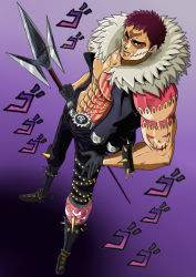 Rule 34 | 1boy, abs, arm at side, arm tattoo, armlet, asymmetrical clothes, bare pectorals, belt, black gloves, black pants, black vest, boots, charlotte katakuri, chest tattoo, collarbone, commentary, english commentary, eyebrows, fangs, fangs out, full body, fur trim, gloves, hand on own hip, highres, holding, holding spear, holding weapon, jewelry, jojo no kimyou na bouken, knee pads, looking at viewer, male focus, muscular, muscular male, nipples, one piece, open clothes, open vest, pants, parody, pectorals, polearm, purple eyes, purple hair, short hair, skull, skull belt, solo, sound effects, spear, spiked armlet, spikes, spurs, standing, stitched mouth, stitches, stomach, stomach tattoo, style parody, tattoo, tina fate, vest, weapon