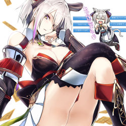 Rule 34 | 1girl, :d, animal ears, azuchi (oshiro project), bare shoulders, black thighhighs, boots, breasts, cat ears, cat tail, chibi, chibi inset, clothes between thighs, commentary request, crossed legs, detached collar, detached sleeves, eyes visible through hair, fang, highres, knee boots, kurokawa (silve), large breasts, looking at viewer, open mouth, oshiro project:re, oshiro project:re, pleated skirt, short hair, silver hair, single thighhigh, skirt, smile, solo, tail, thighhighs, translation request, white skirt