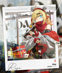Rule 34 | 1girl, ahoge, artist request, blonde hair, blue eyes, blush, box, cameltoe, camera, character name, coat, copyright name, cowboy shot, gift, girls&#039; frontline, girls&#039; frontline neural cloud, hair ornament, hairclip, hat, heart-shaped box, heterochromia, highres, holding, holding camera, holding gift, indoors, leotard, looking away, mg36 (girls&#039; frontline), off shoulder, official art, polaroid, red eyes, red scarf, rise (neural cloud), scarf, solo, twintails, valentine, video camera, white coat, white hat