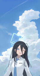 Rule 34 | 1girl, absurdres, aris (blue archive), black hair, blue archive, blue eyes, blush, collared shirt, day, hair between eyes, halo, highres, kumare yuki, long hair, long hair between eyes, long sleeves, looking at viewer, necktie, one eye closed, open mouth, shirt, sky, smile, solo, tie clip, upper body