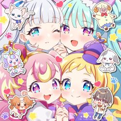 1boy 4girls blonde_hair blue_eyes blue_hair blunt_bangs bow braid brown_outline cabbie_hat cat cheek-to-cheek chibi closed_mouth crown crown_earrings cure_friendy cure_lillian cure_nyammy cure_wonderful daifuku_(precure) dog dress earrings english_text eyelashes hair_bow hairband hat heads_together heart holding_hands inukai_iroha inukai_komugi inukai_komugi_(dog) jewelry light_blush light_smile long_hair looking_at_viewer magical_girl mehmeh_(wonderful_precure!) mini_hat multicolored_hair multiple_girls nekoyashiki_mayu nekoyashiki_yuki nekoyashiki_yuki_(cat) nico-sama one_eye_closed open_mouth outline paw_print pink_eyes pink_hair precure puffy_short_sleeves puffy_sleeves purple_eyes rabbit sheep short_bangs short_sleeves side_ponytail signature smile split_mouth star_(symbol) straight_hair tareme toyama_satoru twin_braids twitter_username two-tone_hair two_side_up unicorn upper_body watermark wavy_hair white_hair white_outline wonderful_precure! yellow_pupils yukinko_(yukiwork)