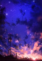 Rule 34 | city, cloud, crane (machine), highres, night, night sky, no humans, original, outdoors, scenery, shooting star, silhouette, sky, star (sky), starry sky, yomochi (y0m0chi)