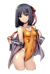 Rule 34 | 1girl, black eyes, black hair, competition swimsuit, covered navel, cropped legs, dress shirt, katagiri (a1466502), one-piece swimsuit, orange one-piece swimsuit, original, shirt, short hair, simple background, smile, solo, standing, swimsuit, white background