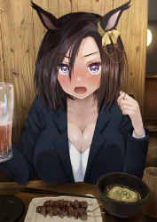 Rule 34 | 1girl, absurdres, air groove (umamusume), alcohol, animal ears, beer, beer mug, black jacket, blush, bowl, breasts, brown hair, chopsticks, cleavage, commentary request, cup, elbows on table, highres, horei tsuna, horse ears, indoors, jacket, large breasts, long sleeves, looking at viewer, medium hair, mug, nose blush, office lady, open mouth, plate, purple eyes, shirt, skewer, solo, table, umamusume, upper body, white shirt