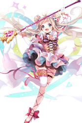 Rule 34 | 1girl, :d, ;d, blue eyes, bow, bracelet, dress, elbow gloves, frilled dress, frills, full body, gloves, hair ornament, heart, heart-shaped pupils, highres, holding, holding staff, jewelry, long hair, micki (soccer spirits), official art, one eye closed, open mouth, skirt, smile, soccer ball hair ornament, soccer spirits, solo, staff, standing, standing on one leg, symbol-shaped pupils, thighhighs, transparent background, white gloves, white thighhighs, windy4th