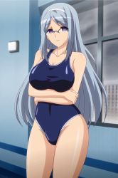 Rule 34 | 1girl, absurdres, blue hair, breast hold, breasts, cleavage, curvy, gakuen de jikan yo tomare, glasses, headband, highres, hypnosis, large breasts, long hair, looking at viewer, mind control, one-piece swimsuit, purple eyes, school swimsuit, screencap, shiny skin, solo, standing, swimsuit, window