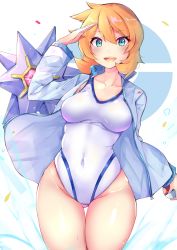 Rule 34 | 1girl, blue eyes, blush, breasts, collarbone, commentary request, covered navel, creatures (company), game freak, gen 1 pokemon, gym leader, highres, holding, holding poke ball, jacket, long sleeves, looking at viewer, medium breasts, misty (pokemon), nintendo, one-piece swimsuit, open clothes, open jacket, open mouth, orange hair, poke ball, poke ball (basic), pokemon, pokemon (creature), pokemon hgss, racket ti1, salute, short hair, starmie, swimsuit, teeth, thigh gap, upper teeth only, white jacket, white one-piece swimsuit