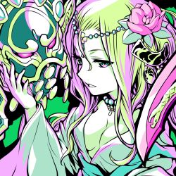 Rule 34 | 1girl, blonde hair, breasts, cleavage, dress, flower, green eyes, green theme, hair between eyes, hair flower, hair ornament, hand on another&#039;s face, headdress, highres, ishiyumi, jewelry, long hair, mask, medium breasts, meimei (p&amp;d), necklace, parted lips, polearm, purple eyes, puzzle &amp; dragons, sidelocks, snake, weapon