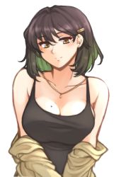Rule 34 | absurdres, bare shoulders, black hair, black tank top, blush, borrowed character, breasts, brown eyes, cleavage, colored inner hair, commentary, earrings, english commentary, green hair, hair between eyes, hair ornament, hairclip, highres, jacket, jacket partially removed, jewelry, large breasts, medium hair, miru (ormille), mole, mole on breast, mole under eye, multicolored hair, necklace, original, simple background, smile, solo, stud earrings, tank top, tridisart, white background, yellow jacket