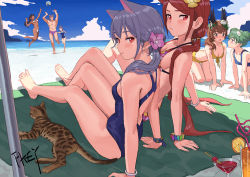 Rule 34 | 1boy, 6+girls, all fours, arm support, artist name, backless swimsuit, ball, barefoot, beach, beachball, bikini, blue one-piece swimsuit, blue sky, blush, bracelet, breasts, brown hair, cat, cleavage, closed mouth, cloud, cloudy sky, cocktail glass, competition swimsuit, cup, dark skin, day, drinking glass, drinking straw, extra ears, feet, fkey, flower, green hair, grey hair, hair flower, hair ornament, jewelry, jumping, long hair, looking at another, looking at viewer, looking back, multiple girls, ocean, one-piece swimsuit, open mouth, original, outdoors, red eyes, sitting, sky, small breasts, standing, standing on one leg, swimsuit, water, white bikini, yellow bikini