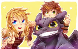 Rule 34 | 1boy, 1girl, astrid hofferson, blonde hair, blue eyes, brown hair, dragon, green eyes, hiccup horrendous haddock iii, highres, how to train your dragon, ibahibut, long hair, ponytail, short hair, smile, toothless