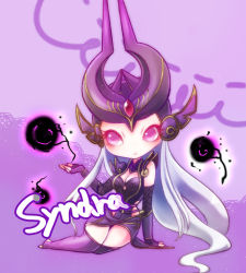 Rule 34 | 1girl, breasts, character name, cleavage, dress, fingerless gloves, frown, gloves, helmet, league of legends, long hair, mizoreame, pink eyes, purple dress, solo, syndra, white hair