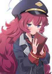 Rule 34 | 1girl, black eyes, black hat, black jacket, black shirt, blue archive, book, hair between eyes, halo, hat, hat ribbon, ica, iroha (blue archive), jacket, long hair, long sleeves, military, military hat, military uniform, necktie, open clothes, open jacket, red eyes, red necktie, ribbon, shirt, simple background, standing, uniform, white background