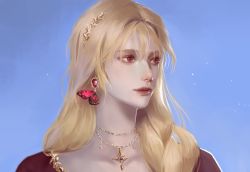 Rule 34 | 1girl, blonde hair, blue background, blueship4985, earrings, gem, highres, jewelry, korean text, lips, long hair, looking to the side, necklace, nose, original, portrait, red eyes, red gemstone, smile, solo, straight hair, upper body