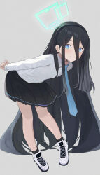 Rule 34 | 1girl, absurdres, aris (blue archive), arms behind back, black hair, blue archive, blue eyes, blush, collared shirt, full body, hairband, halo, highres, kumare yuki, leaning forward, long bangs, long hair, long sleeves, looking at viewer, necktie, one side up, pleated skirt, shirt, shoes, skirt, smile, sneakers, socks, solo, very long hair