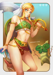 Rule 34 | 1boy, arrow (projectile), artist name, bare shoulders, blonde hair, blue background, blue eyes, blue lips, blurry, blurry background, breasts, brown background, bulge, crossdressing, feet out of frame, gerudo set (zelda), gradient background, highres, holding, korok, link, looking at viewer, male focus, medium breasts, midriff, nail polish, navel, nintendo, parted bangs, pink nails, quiver, scimitar, shadow, shield, shield on back, solo, steamed egg, sword, the legend of zelda, the legend of zelda: breath of the wild, thighs, trap, weapon, white sleeves