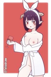 Rule 34 | 1girl, black hair, blush, breasts, cup, elf, grass, highres, hime-sama &quot;goumon&quot; no jikan desu, holding, holding cup, horns, large breasts, nipples, pointy ears, red background, red eyes, robe, short hair, simple background, solo, standing, tagme, teliodraw, torture tortura, watermark