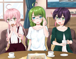 Rule 34 | 10s, adjusting eyewear, ahoge, alternate costume, blue eyes, blunt bangs, blush, braid, brown eyes, casual, chest of drawers, collarbone, couch, cup, curtains, dress, eating, food, glasses, green dress, green eyes, green hair, hair bun, holding, holding cup, holding food, indoors, kantai collection, long hair, looking at another, makigumo (kancolle), model ship, multicolored hair, okinami (kancolle), open mouth, painting (object), parted bangs, pillow, pink hair, purple hair, reflection, shirt, short hair, short sleeves, single hair bun, sitting, smile, suspenders, table, teacup, teeth, tongue, twintails, umino haruka (harukaumino6), window, yuugumo (kancolle)