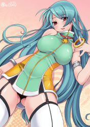 Rule 34 | 1girl, armlet, bracelet, breasts, covered erect nipples, earrings, far-c, garter straps, gluteal fold, green hair, jewelry, kei jiei, large breasts, long hair, open mouth, original, skin tight, solo, thighhighs, white thighhighs
