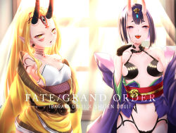 Rule 34 | bare shoulders, blush, bob cut, breasts, character name, copyright name, cup, fate/grand order, fate (series), highres, horns, ibaraki douji (fate), japanese clothes, kimono, long hair, looking at viewer, multiple girls, navel, oni, open clothes, open kimono, open mouth, purple eyes, purple hair, rara086, revealing clothes, sakazuki, short hair, shuten douji (fate), skin-covered horns, small breasts, smile