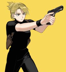 Rule 34 | 1girl, absurdres, aiming, black pants, black shirt, black wristband, blonde hair, brown eyes, closed mouth, commentary request, cowboy shot, folded ponytail, fullmetal alchemist, gun, handgun, highres, holding, holding gun, holding weapon, holster, looking ahead, m1911, outstretched arms, ozaki (tsukiko3), pants, riza hawkeye, shirt, short sleeves, shoulder holster, simple background, solo, trigger discipline, weapon, wristband, yellow background