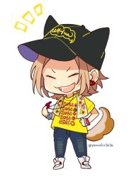 Rule 34 | 1boy, animal ears, black hat, brown hair, chibi, clothes writing, dog ears, dog tail, earrings, hand on own hip, hat, jewelry, kokuhaku jikkou iinkai, male focus, pants, pants tucked in, shibasaki ken, shirt, shoes, simple background, smile, sneakers, solo, t-shirt, tail, towel, towel around neck, whistle, white background, white footwear, wristband, yamako (state of children), yellow shirt