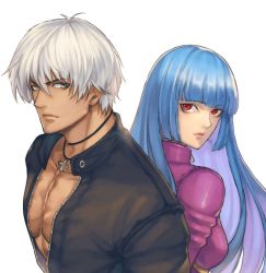 Rule 34 | 1boy, 1girl, blue eyes, bodysuit, breasts, cross, cross necklace, jacket, jewelry, k&#039; (kof), ktovhinao, kula diamond, leather, leather jacket, long hair, looking at viewer, necklace, open clothes, open jacket, purple eyes, simple background, small breasts, tan, the king of fighters, upper body, white background, white hair